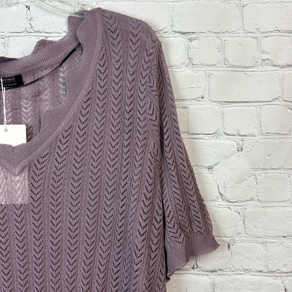 BloomChic Purple Geometric Sheer V Neck Knit Top Plus Size 2X - Picture 3 of 6